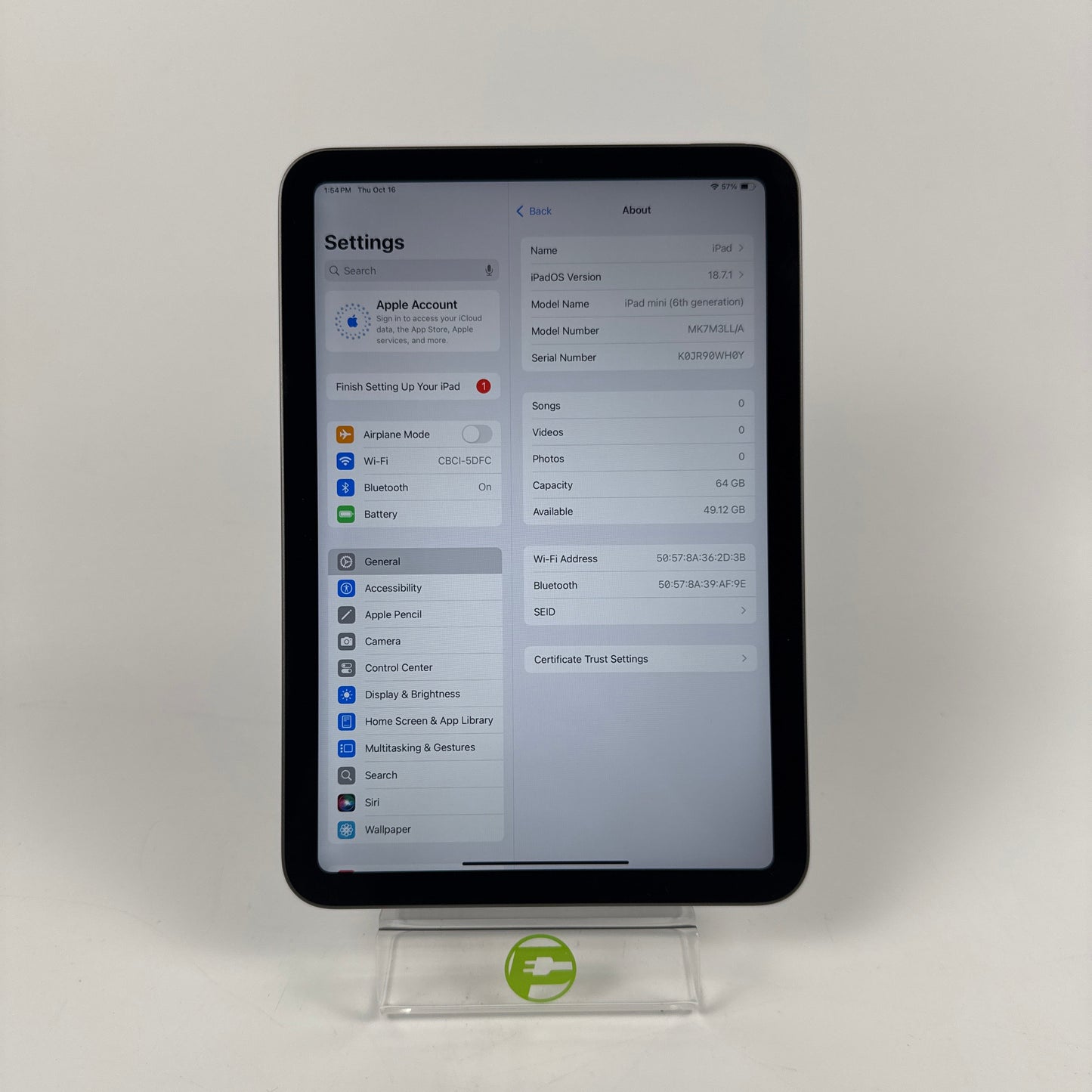 WiFi Only Apple iPad Mini 6th Gen 64GB Space gray MK7M3LL/A